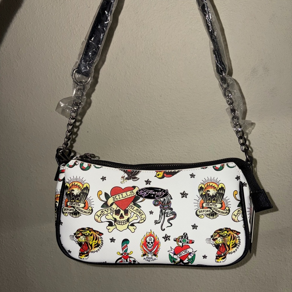 Ed Hardy White Shoulder Bag with Tattoo Graphics